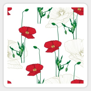 Poppy flowers/wild flowers/white lines poppy/red background/poppy/large scale/summer time/cotton/white flowers Sticker